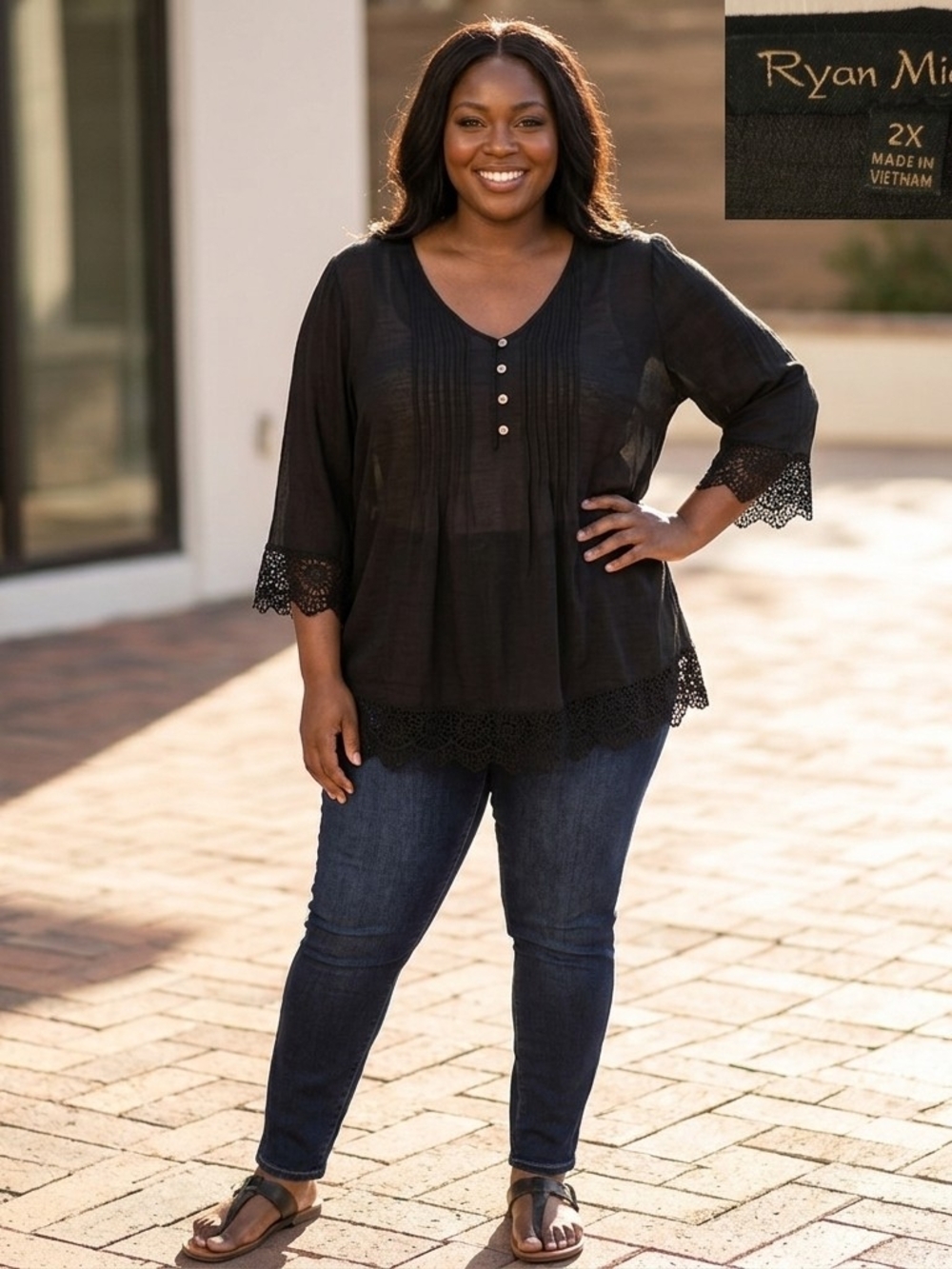 Ryan Michelle Black Lace Trim Pintuck Henley Blouse, Size 2X